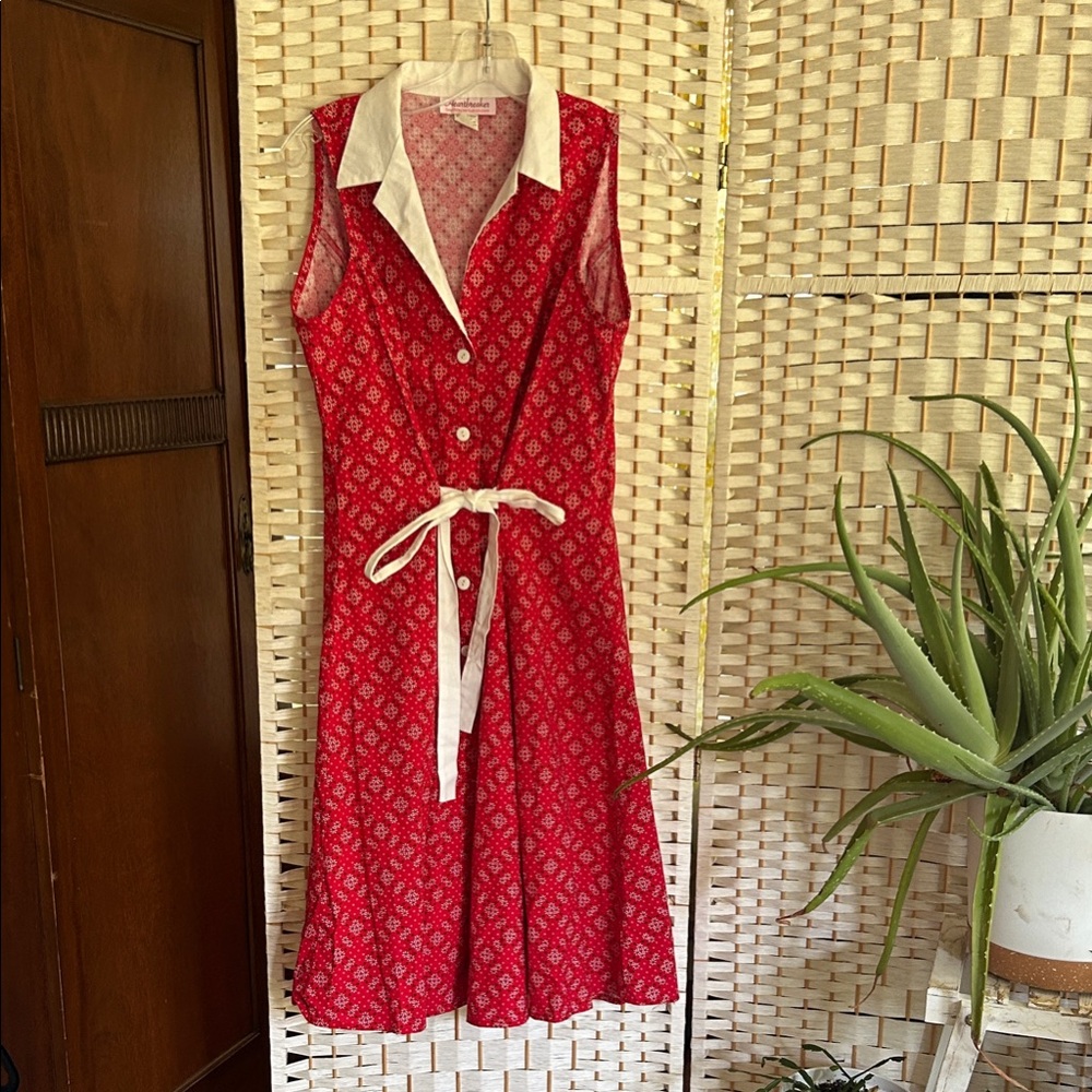 Red Sleeveless Button-Up Dress with White Accents, Heartbreaker